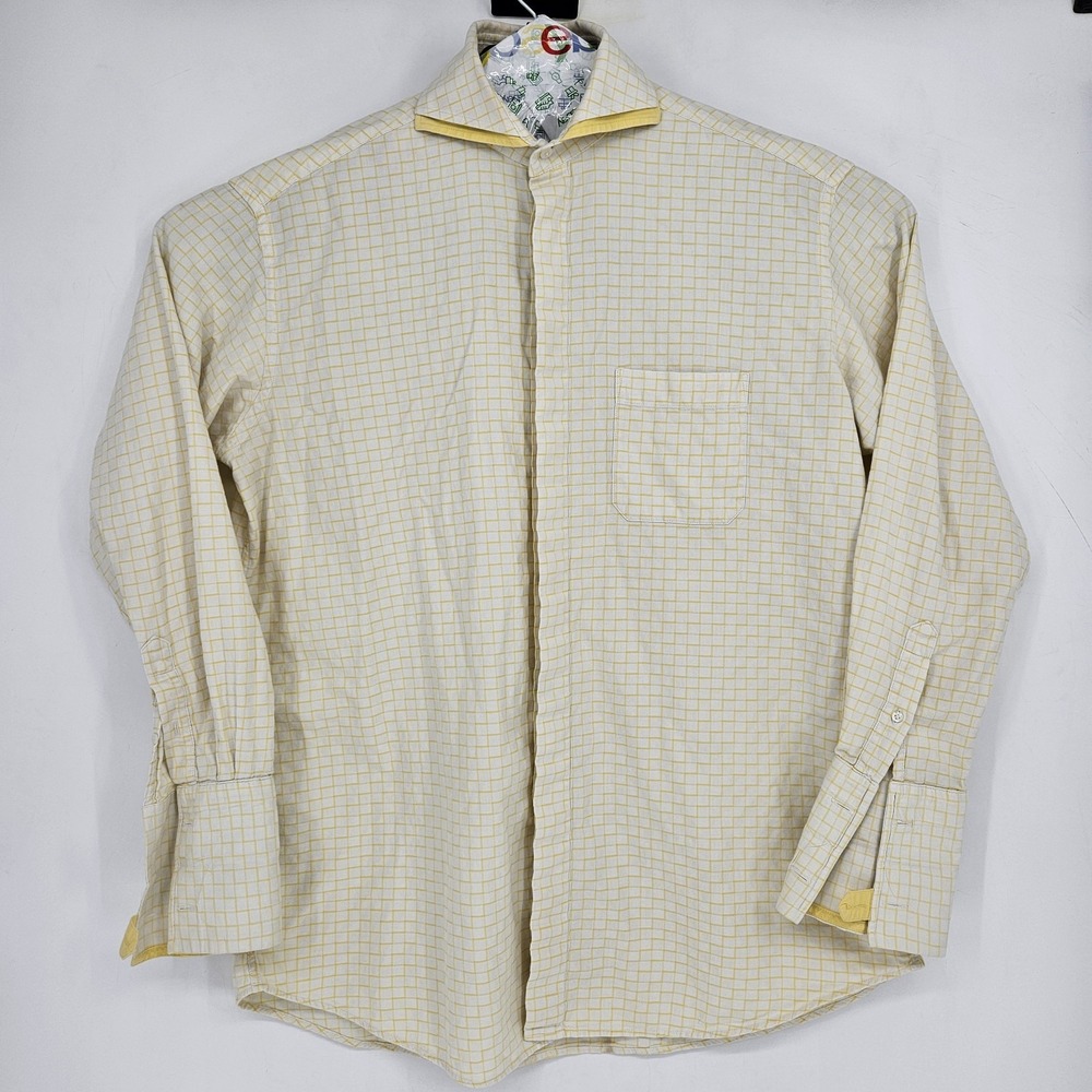Steven Land Dress Shirt Mens 17‎ 36-37 Yellow White Button Long Sleeve Vintage